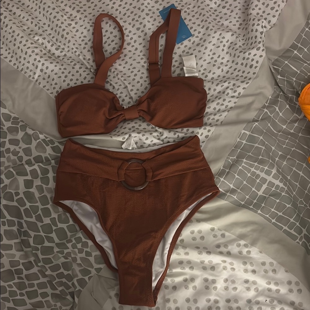 Rust Bikini Set with High-Waisted Bottoms